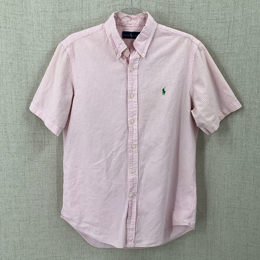 Ralph Lauren Shirt Men M Pink Striped Seersucker Short Sleeve Preppy Classic